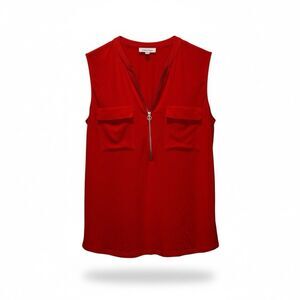 Calvin Klein Women’s Red Sleeveless Blouse Gold CK Zipper Top Shirt L Large